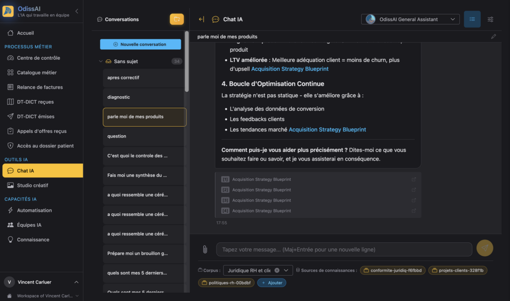 Chat IA m&eacute;tier OdissAI connect&eacute; aux corpus documentaires